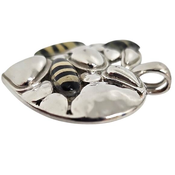 Beautiful Silverplate w/Black and Gold Striped Hammered Metal Heart Pendant 2" - Picture 3 of 5